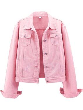 〽️Pink Women's Ripped Jean Jacket Cropped Washed Denim Coat Frayed Button Front